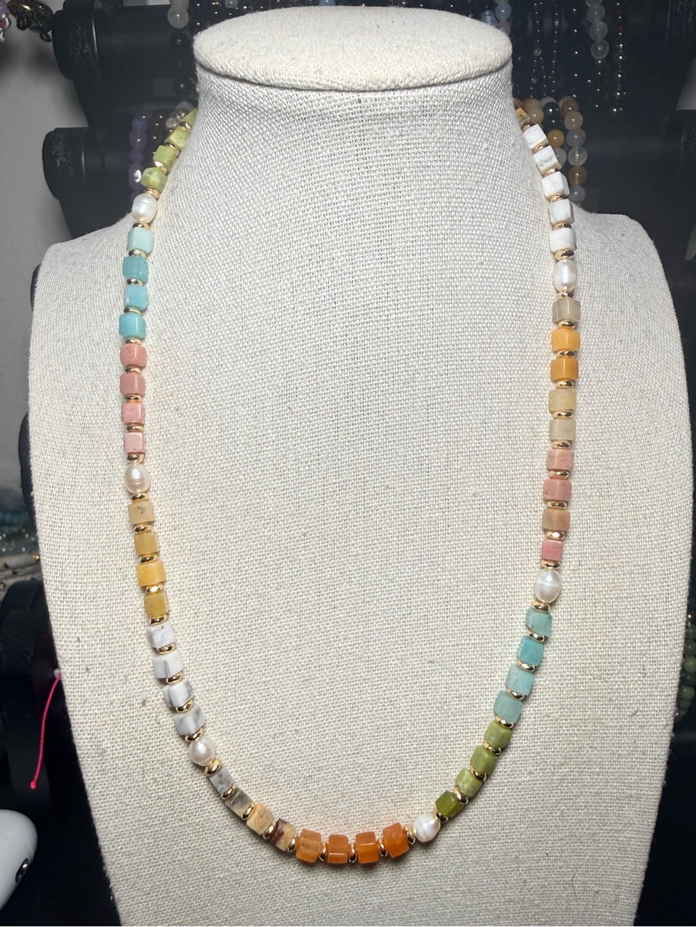 Multi Gemstone Necklace Amazonite Jade Carnelian Pearl 18.5”